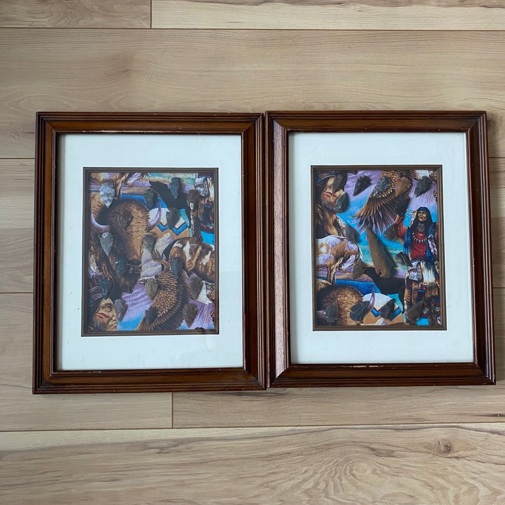 Native American Art Framed Prints Set, Buffalo Eagle Indian Chief Wall Decor